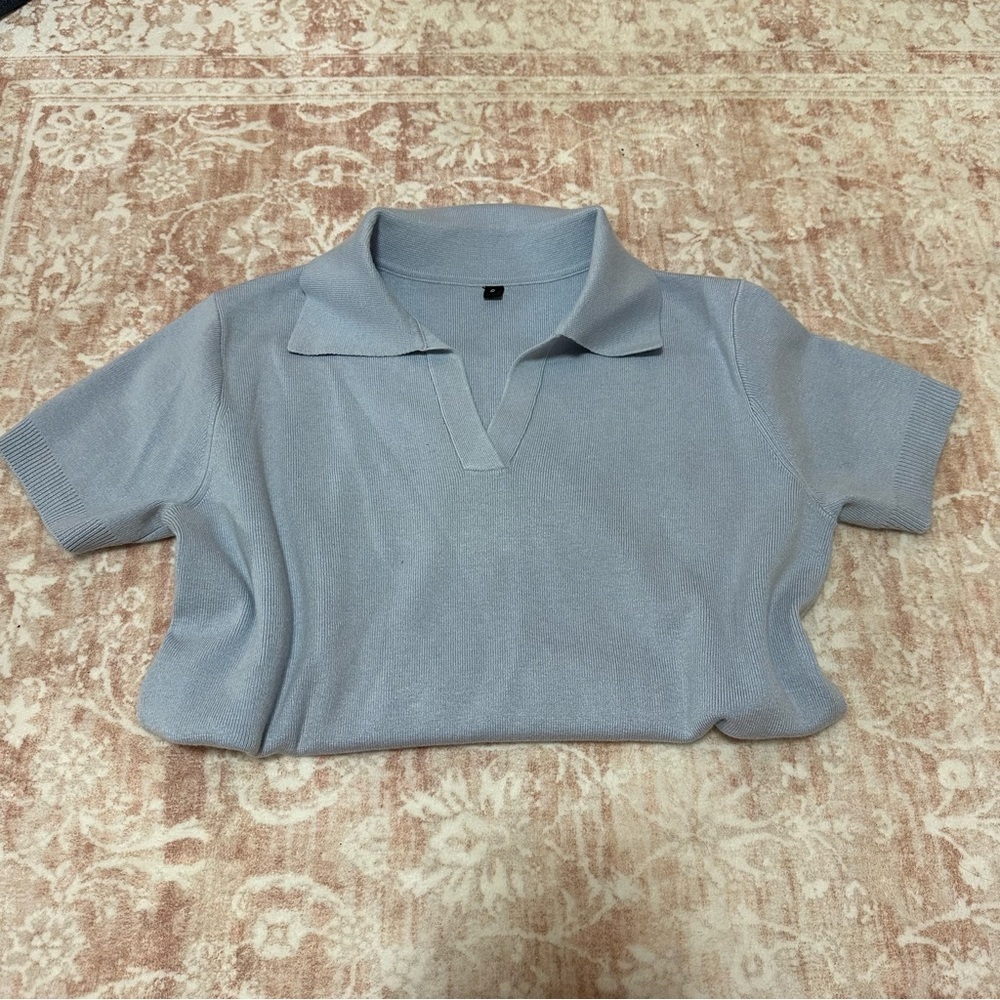 Classy Knit Light Blue Polo Tee - Picture 3 of 12